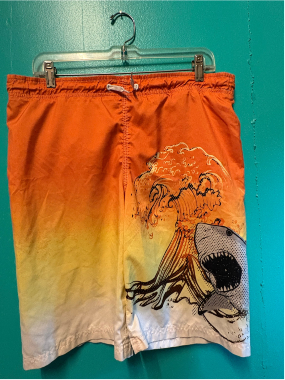 Boys Cherokee Shark Print Swim Trunks Size 12 Orange Yellow